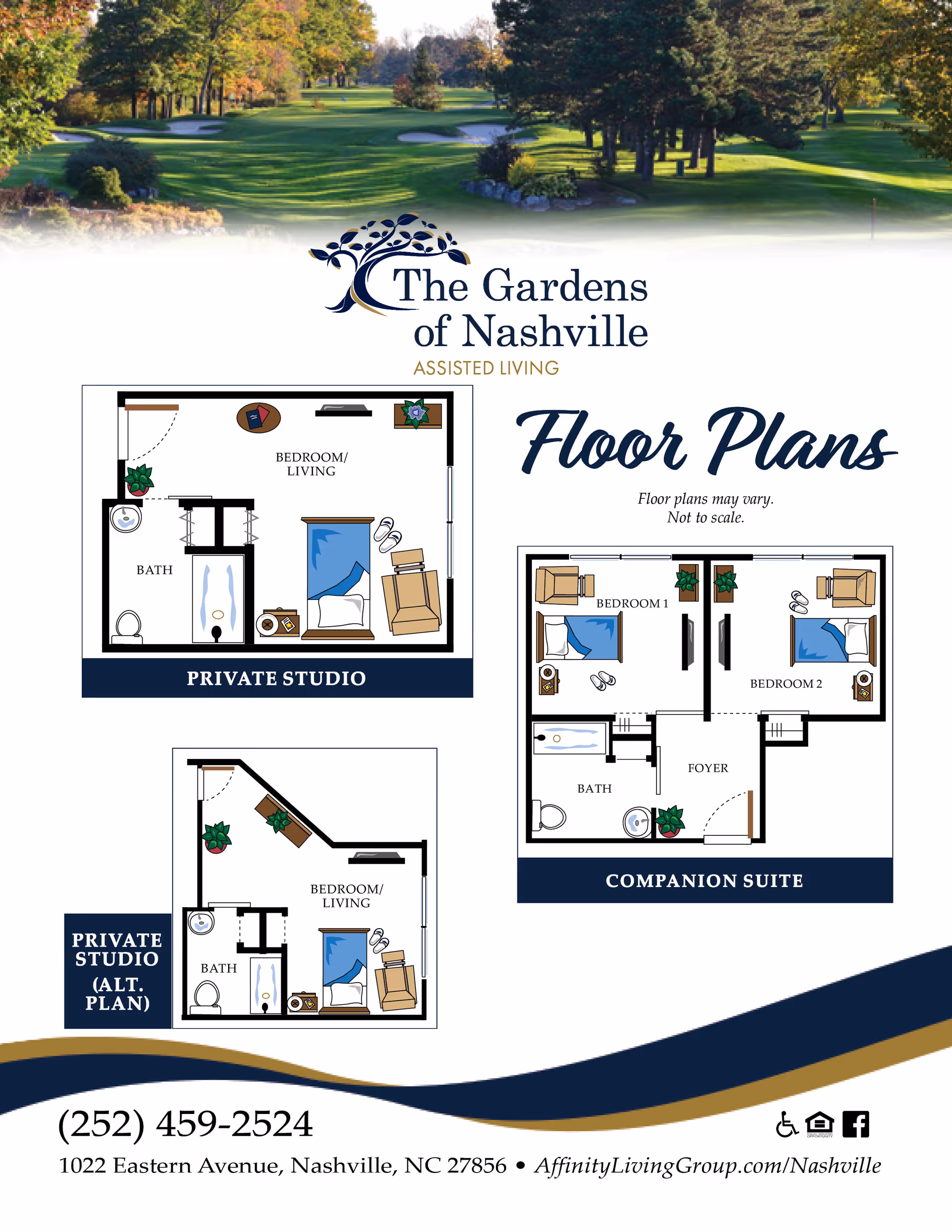 Floor plans for The Gardens of Nashville assisted living facility showing layouts for a private studio, an alternate private studio plan, and a companion suite with two bedrooms, a bath, and a foyer. The top of the image features a scenic outdoor view of a golf course or park with trees and greenery.