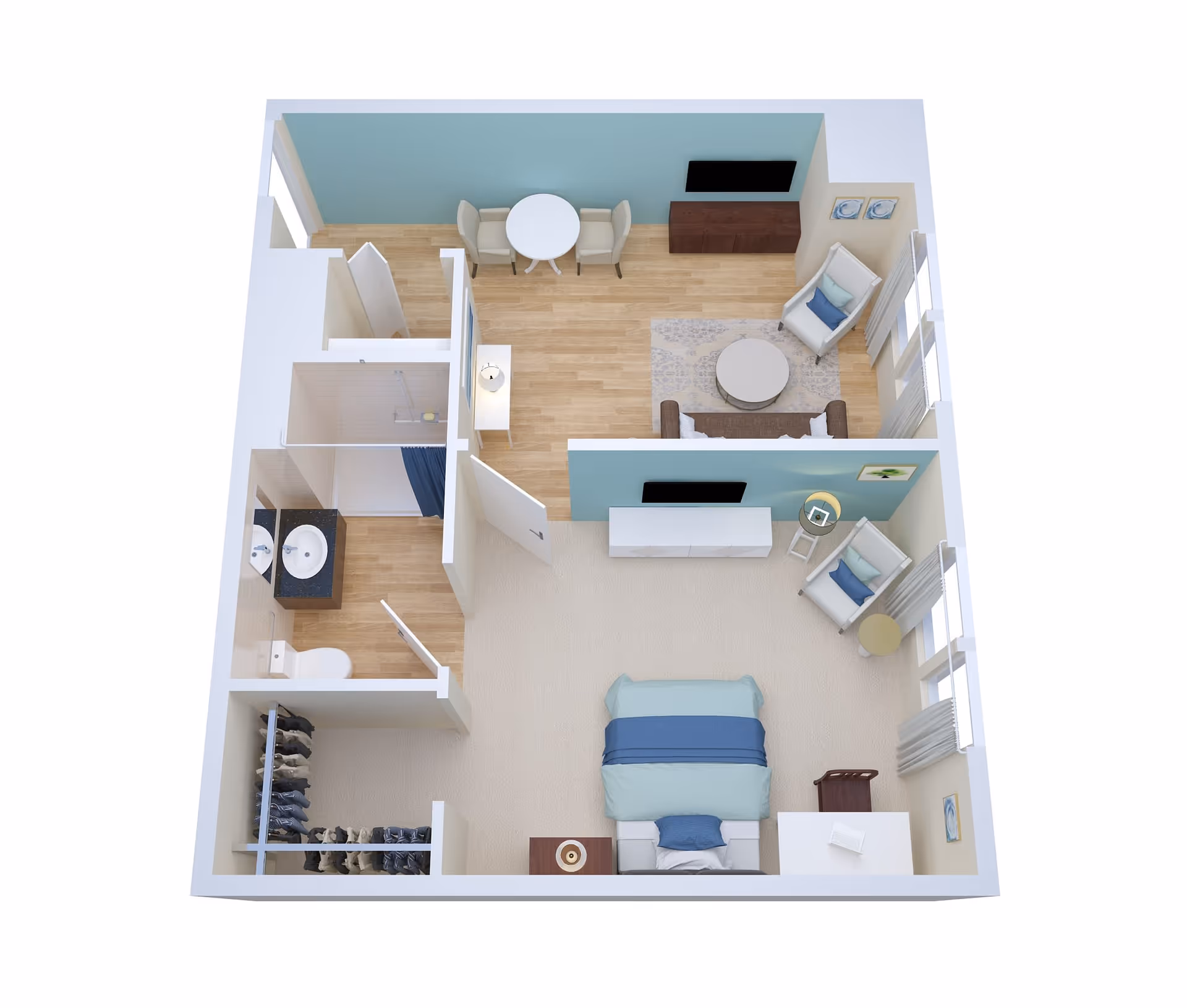 Top-down 3D floor plan of a studio apartment showing a bedroom area, living room, dining nook, bathroom, and closet.