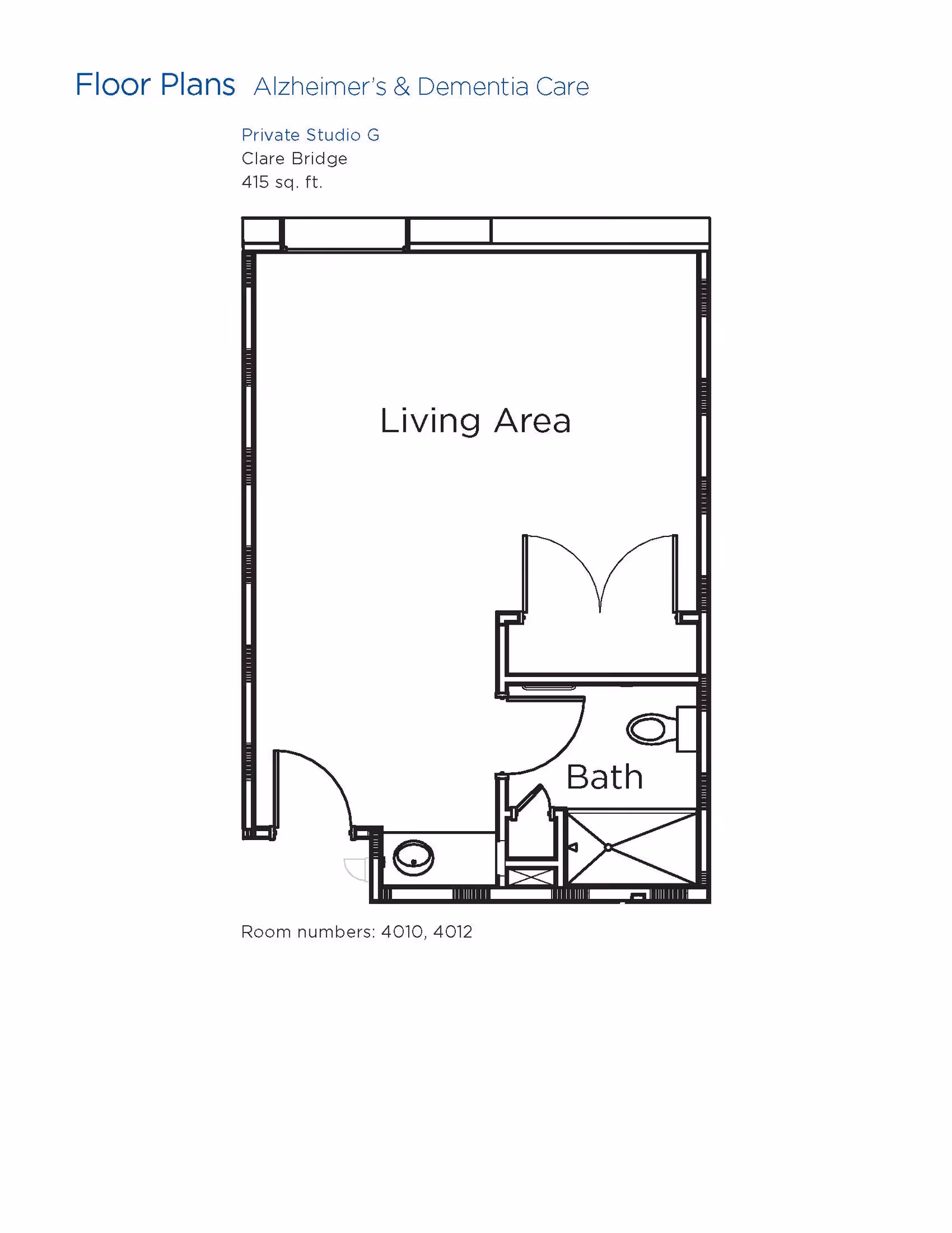 Floor plan for a private studio G in Alzheimer’s & Dementia Care at Brookdale Skyline, showing a living area and a bathroom with a shower, toilet, and sink. The total area is 415 square feet, with room numbers 4010 and 4012.