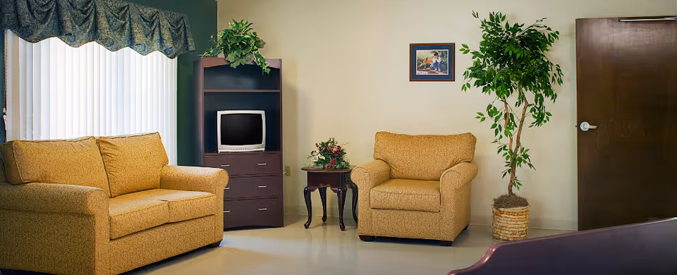 A cozy living room area with a mustard yellow loveseat and armchair, a small wooden side table with a floral arrangement, a dark wood TV stand with an old-style television, a tall potted plant, a framed picture on the wall, and a closed wooden door.