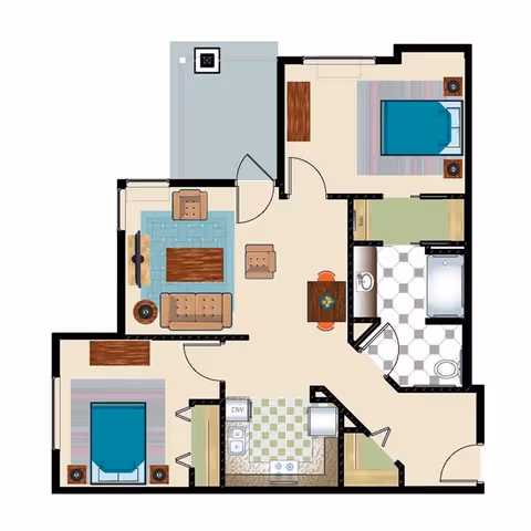 Floor plan of a residential unit showing two bedrooms, a living room with seating and a TV, a kitchen with appliances, a bathroom with a bathtub and toilet, and a small dining area.