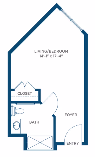 Floor plan of a studio apartment with a combined living and bedroom area measuring 14 feet 1 inch by 17 feet 4 inches, a closet, a bathroom with a toilet, sink, and bathtub, a foyer, and an entry door.