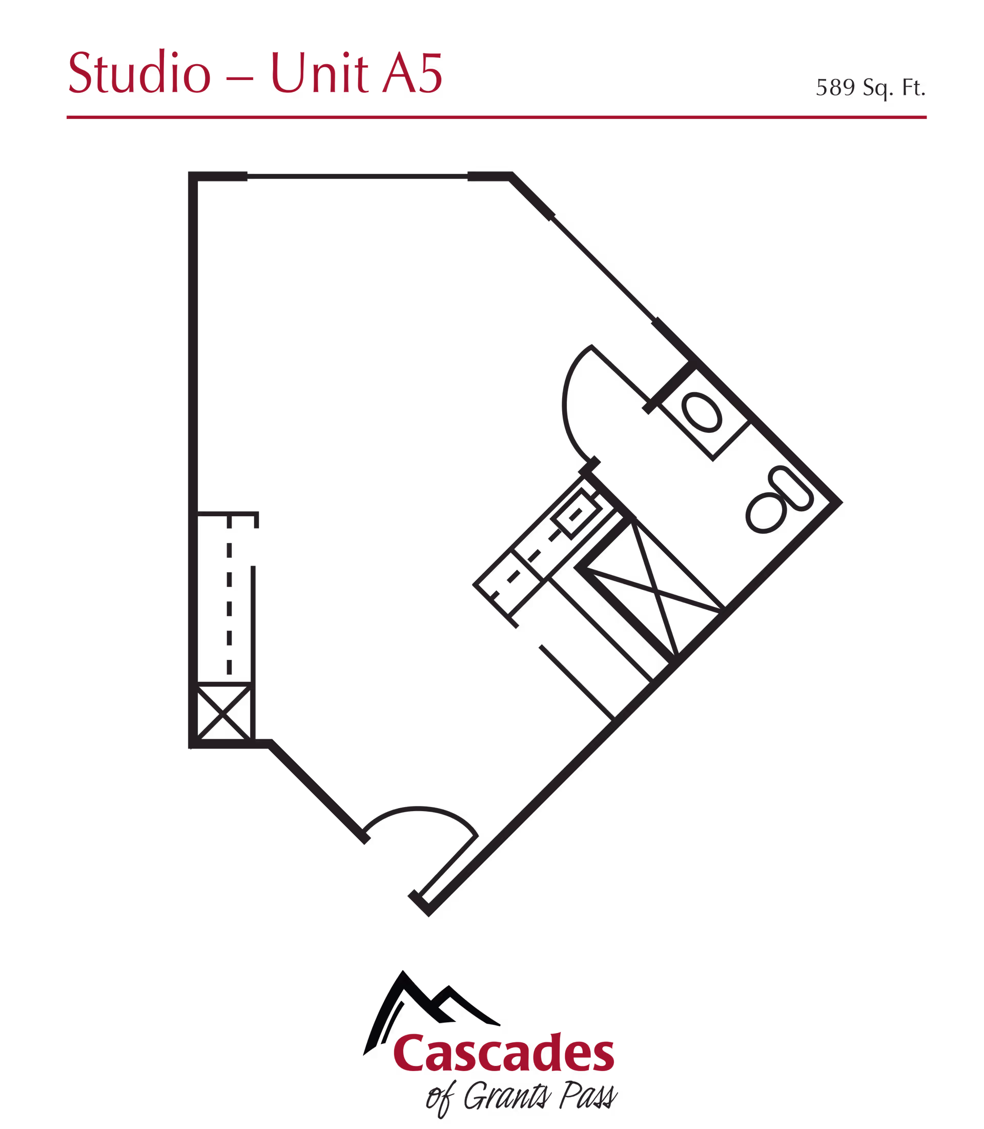 Floor plan layout of Studio Unit A5 at Cascades of Grants Pass, showing a 589 square foot space with designated areas for living, kitchen, and bathroom.