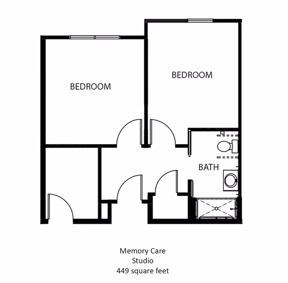Floor plan of a memory care studio apartment at Georgetowne Place, showing two bedrooms, a bathroom with a toilet, sink, and shower, and a total area of 449 square feet.
