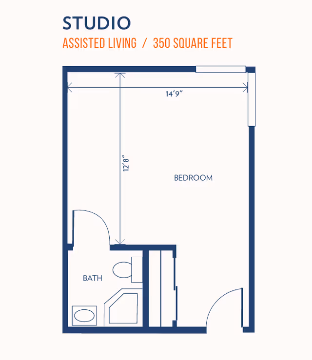 Floor plan of a studio assisted living unit measuring 350 square feet, showing a bedroom area measuring 14 feet 9 inches by 12 feet 8 inches, and a bathroom with a toilet, sink, and shower.