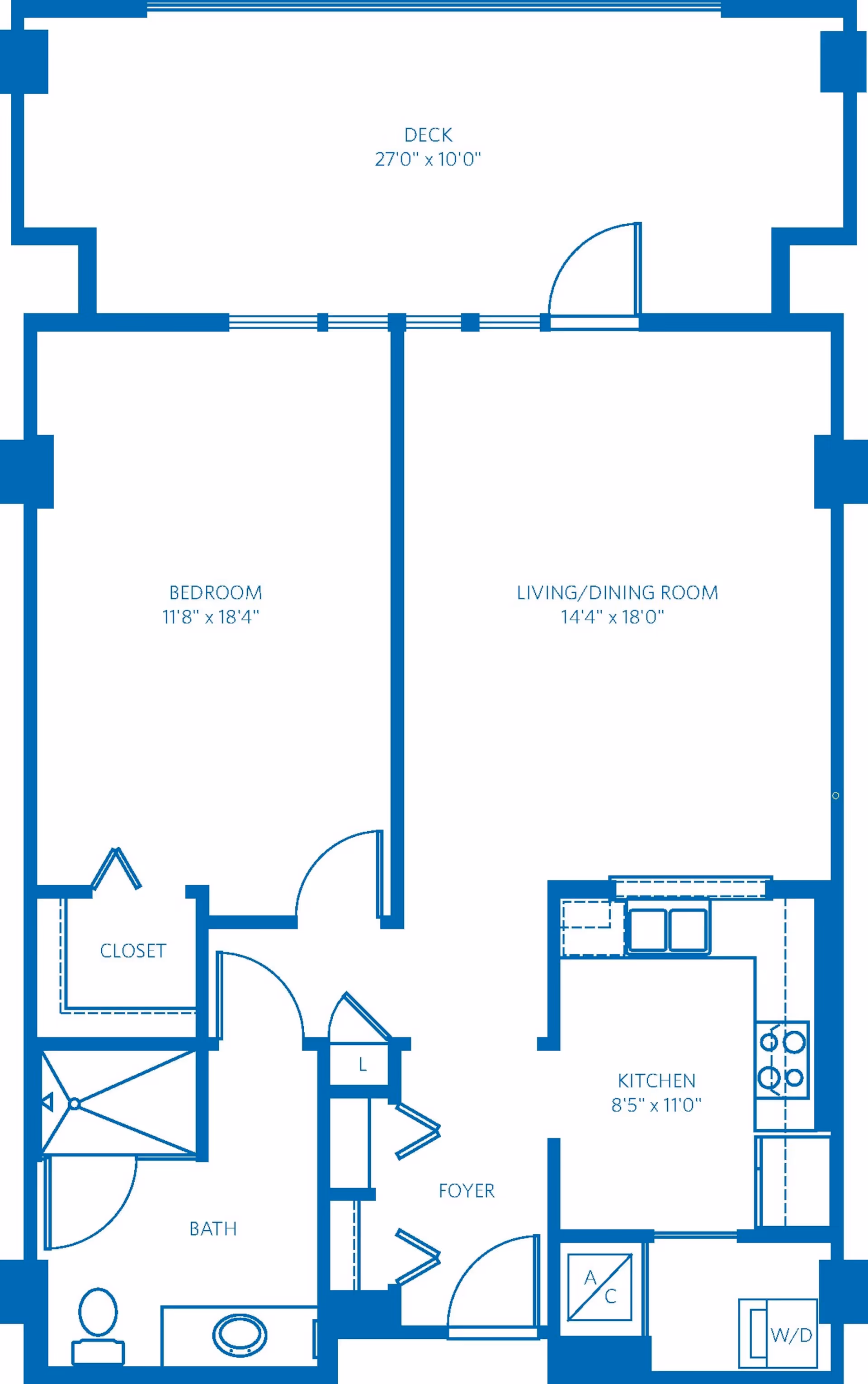 Floor plan of a residential unit at Vi at Palo Alto showing a deck, bedroom with closet, bathroom, foyer, kitchen, and living/dining room with dimensions.