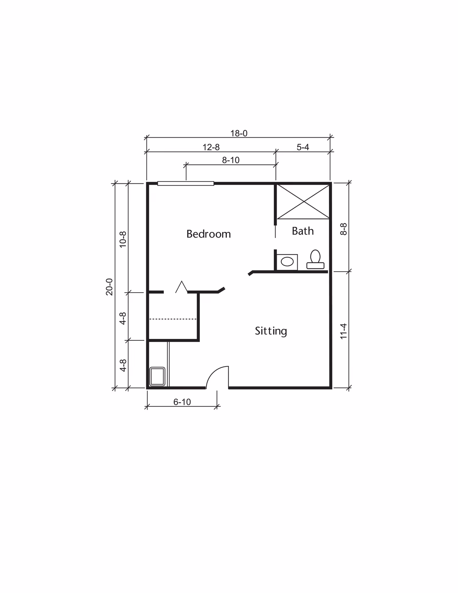 Architectural floor plan showing a layout with a bedroom, bath, and sitting area. Dimensions are marked around the perimeter and within the rooms.