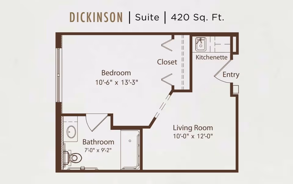 Floor plan of the Dickinson Suite at The Beacon at Gulf Breeze, showing a 420 square foot layout with a bedroom measuring 10 feet 6 inches by 13 feet 3 inches, a bathroom measuring 7 feet by 9 feet 2 inches, a living room measuring 10 feet by 12 feet, a kitchenette, an entry area, and a closet.