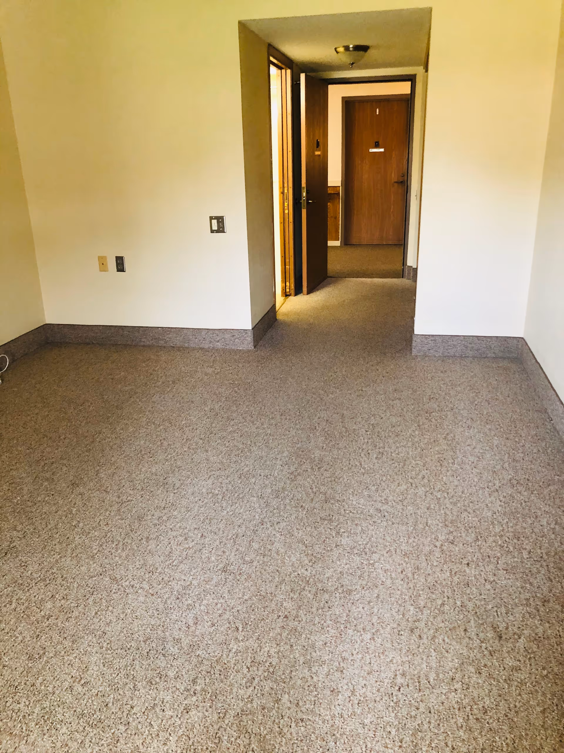 Empty room with beige carpet and cream-colored walls, featuring an open doorway leading to a hallway with two wooden doors.