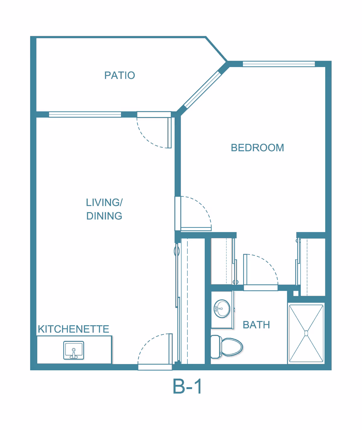 Floor plan layout of a senior living unit labeled B-1, featuring a patio, a combined living and dining area with a kitchenette, a bedroom, and a bathroom with a sink, toilet, and shower.