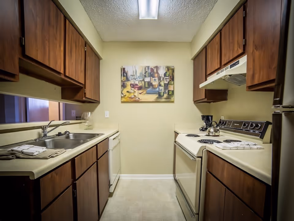 Small galley kitchen with wooden cabinets, a double sink, electric stove, dishwasher and a painting on the back wall.