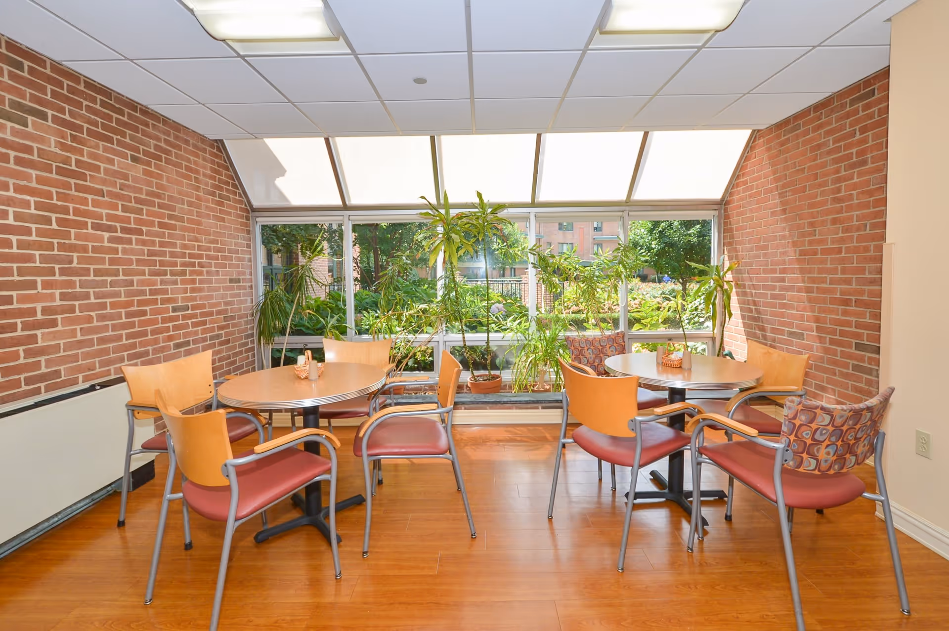 A bright indoor seating area with two round tables surrounded by wooden chairs with red cushions. The room has brick walls and large windows with a view of green plants outside. Several potted plants are placed near the windows, and the floor is wooden.