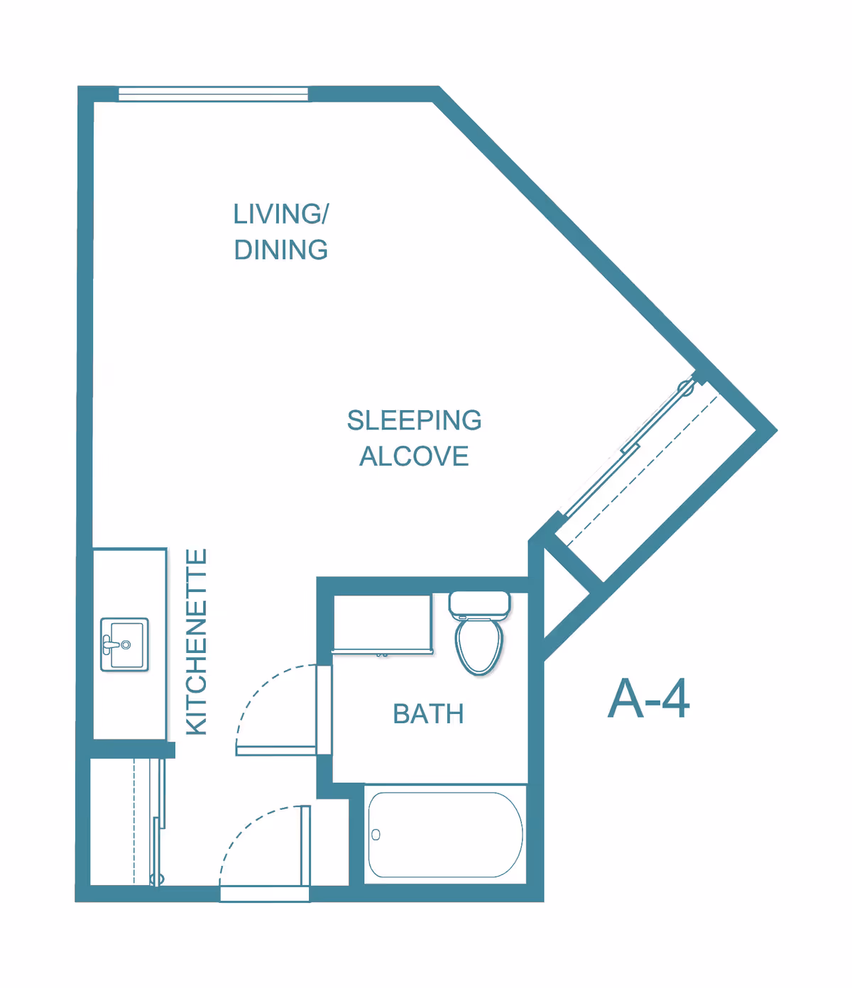 Architectural floor plan of a studio apartment labeled A-4, showing areas for living/dining, sleeping alcove, kitchenette, and a bathroom with a bathtub and toilet.