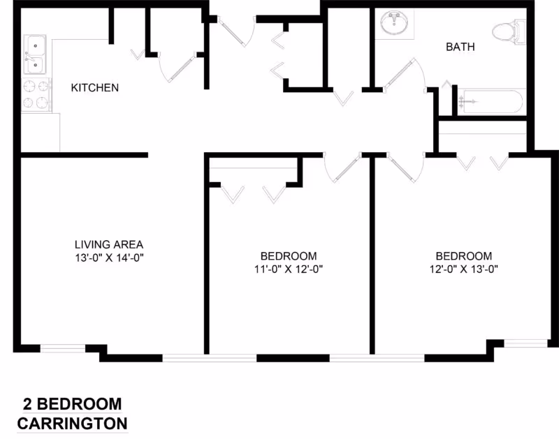Floor plan of a two-bedroom apartment named Carrington, showing a kitchen, living area, two bedrooms, and a bathroom with dimensions labeled for each room.