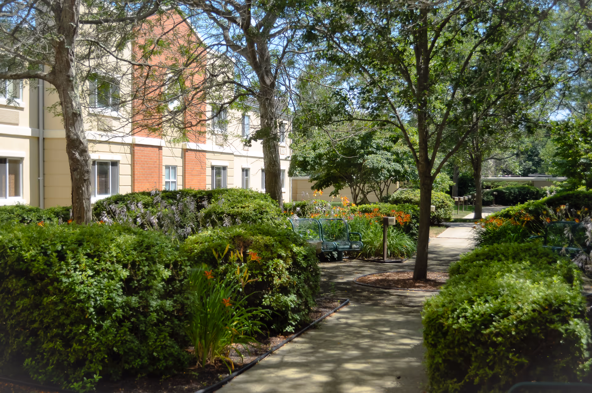 A landscaped outdoor garden area with a paved walkway surrounded by green bushes, trees, and flowering plants. There are green metal benches along the path and a multi-story building with beige and red brick exterior in the background under a clear blue sky.