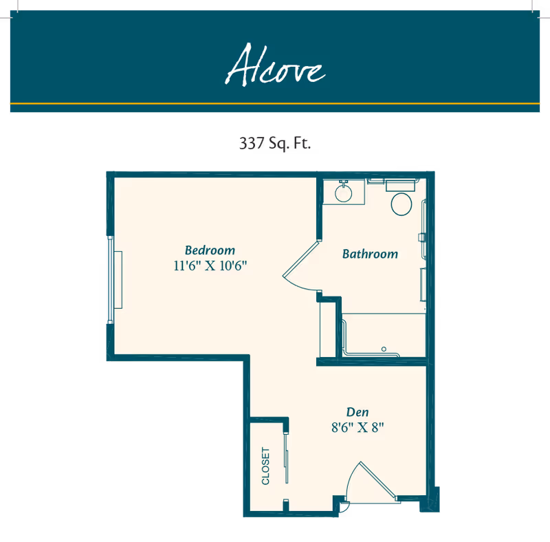 Floor plan of an alcove apartment layout showing a bedroom measuring 11 feet 6 inches by 10 feet 6 inches, a bathroom, a den measuring 8 feet 6 inches by 8 feet, and a closet. The total area is 337 square feet.