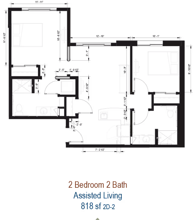 Architectural floor plan of a 2 bedroom, 2 bathroom assisted living apartment unit measuring 818 square feet. The layout includes two bedrooms, two bathrooms, a kitchen area, and living spaces with dimensions marked.