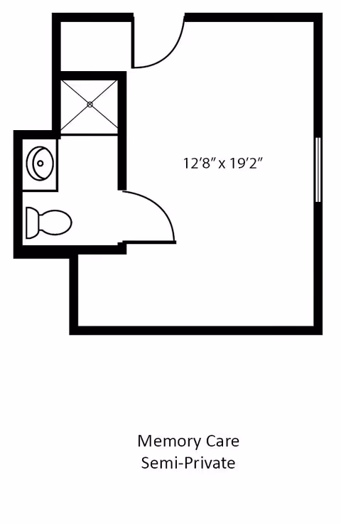 Floor plan layout of a memory care semi-private room measuring 12 feet 8 inches by 19 feet 2 inches, including a bathroom with a toilet, sink, and shower.