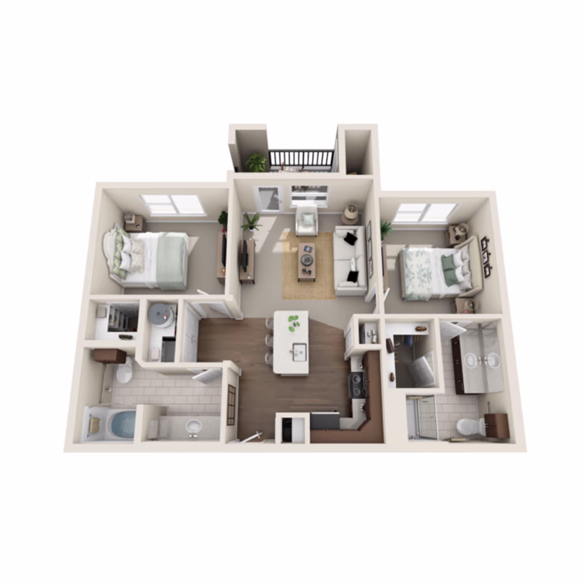 3D floor plan of a senior living apartment featuring two bedrooms, two bathrooms, a kitchen with an island, and a living room with a sofa and TV. The apartment includes a small balcony accessible from the living room.