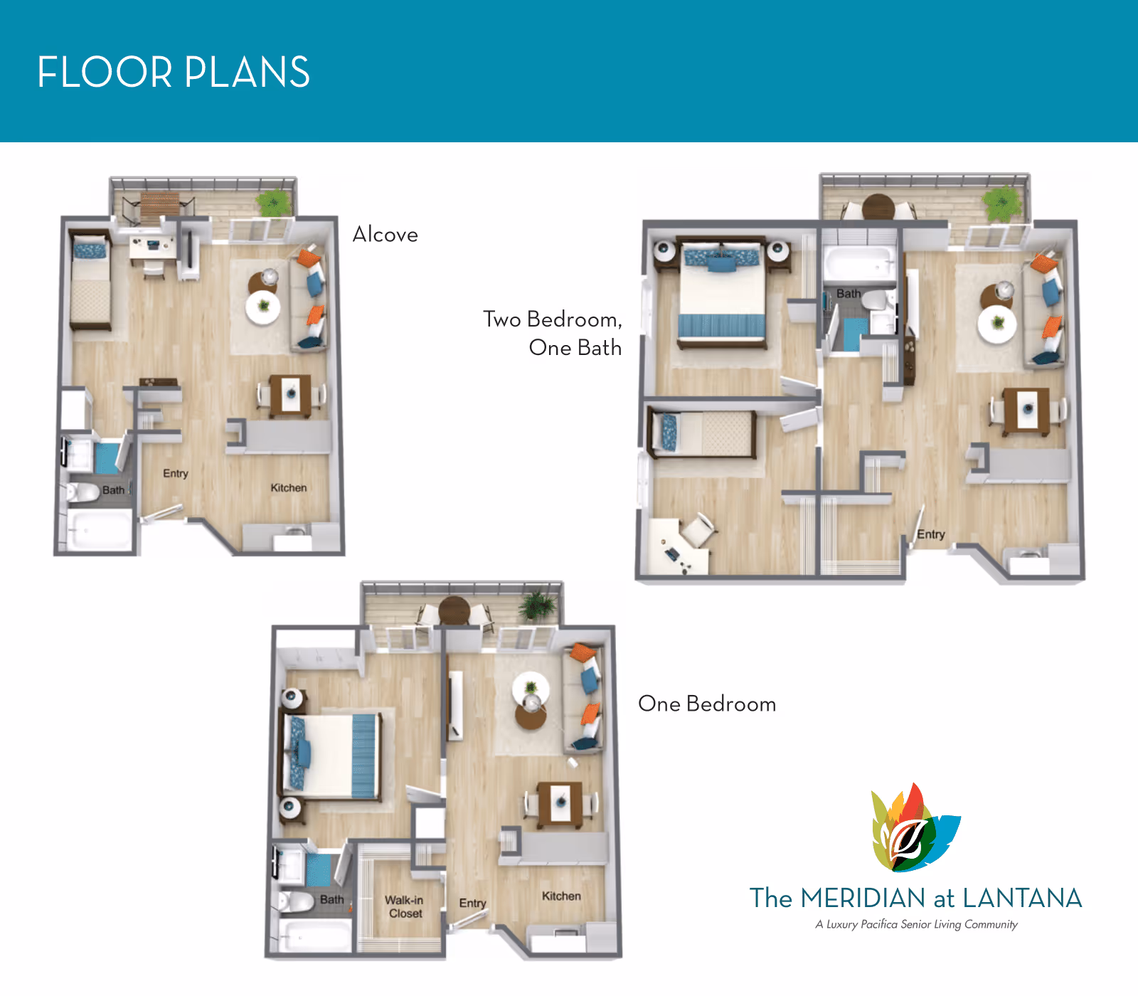 Floor plans for The Meridian at Lantana senior living community showing three layouts: an Alcove with a kitchen, living area, bath, and sleeping alcove; a Two Bedroom, One Bath with two bedrooms, a bath, kitchen, living area, and entry; and a One Bedroom with a walk-in closet, bath, kitchen, living area, and entry. Each layout includes furniture placement and a balcony or patio area.