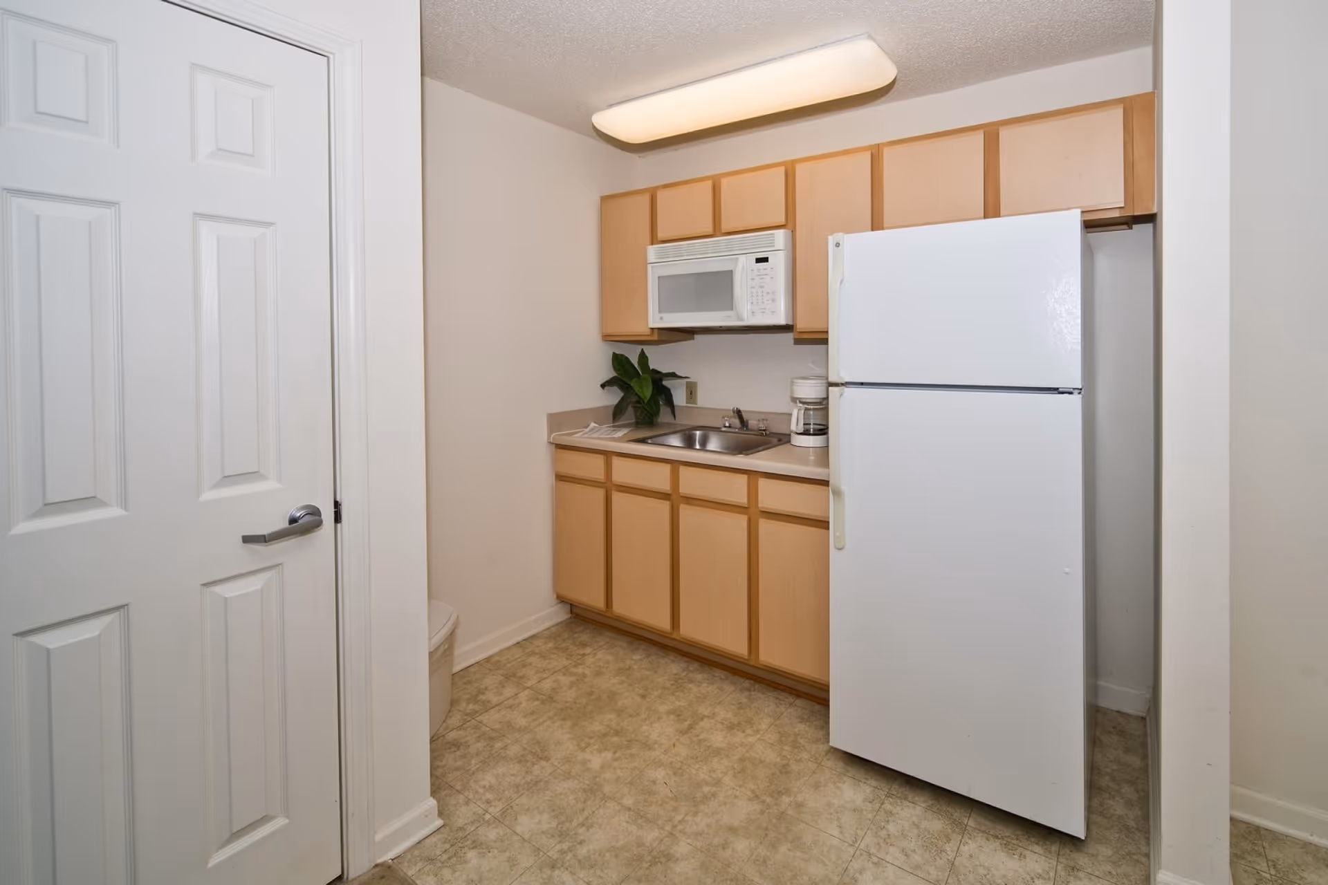 Small kitchen area with light wood cabinets, a white refrigerator, a white microwave mounted above the countertop, a stainless steel sink, a coffee maker, and a potted plant on the counter. The floor has beige tiles and there is a white door on the left side.