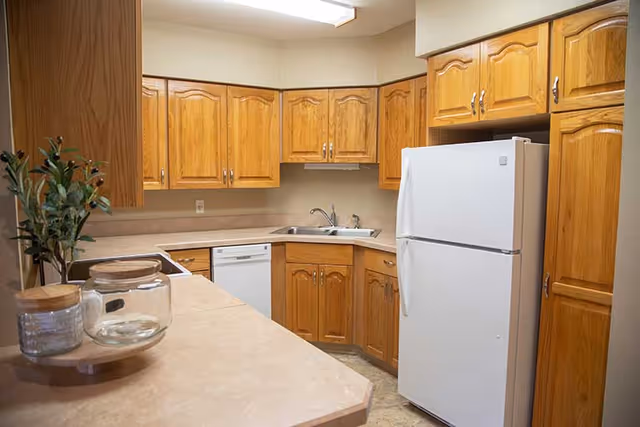 Kitchen featuring oak cabinets, a white refrigerator and dishwasher, a corner sink, and a countertop with glass jars and a small plant.