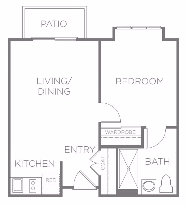 Floor plan of a one-bedroom apartment at Drake Terrace showing a patio, living/dining area, kitchen with refrigerator and sink, entryway with coat closet, bedroom with wardrobe, and bathroom with bathtub and toilet.