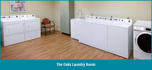 A laundry room with multiple white washing machines and dryers lined up against beige walls. There is a single red chair with black armrests placed near the corner. The floor is wooden, and a small sink is installed between the machines. A framed picture hangs on the wall above the machines.