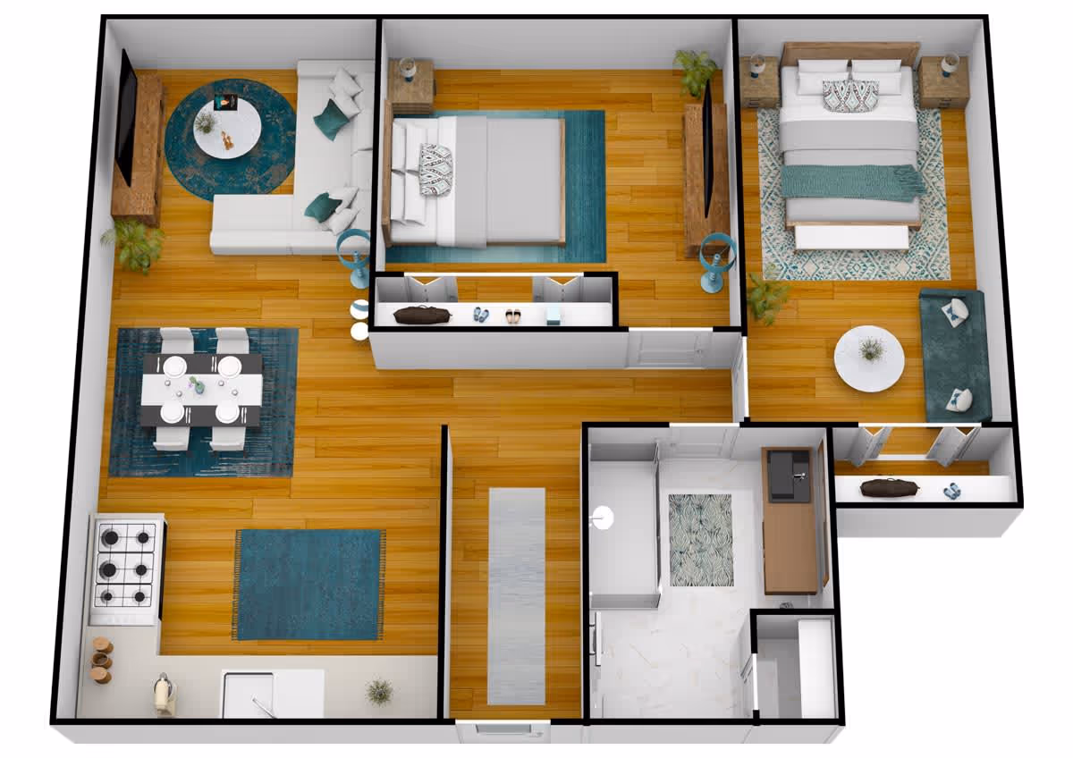 3D floor plan of an apartment featuring two bedrooms, a living room with a sectional sofa and TV, a dining area with a table set for four, a kitchen with a stove and sink, and a bathroom with a sink and shower area. The floors are wooden except for the bathroom which has tiled flooring.