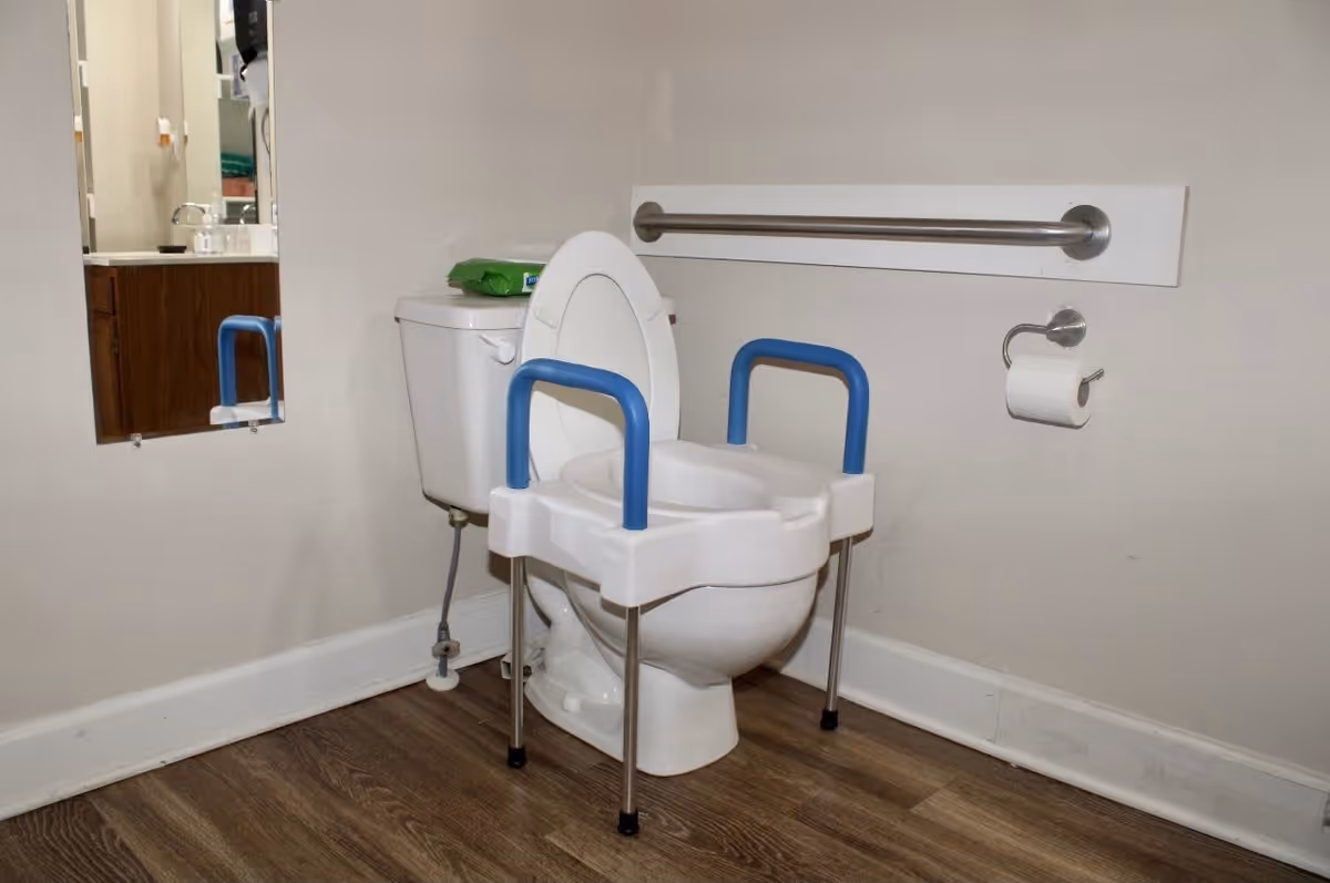 A bathroom with a white toilet equipped with a raised toilet seat with blue handles for support. There is a metal grab bar mounted on the wall behind the toilet and a toilet paper holder with a roll of toilet paper. A mirror is partially visible on the left side, reflecting part of a sink and cabinet. The floor is wood-patterned.