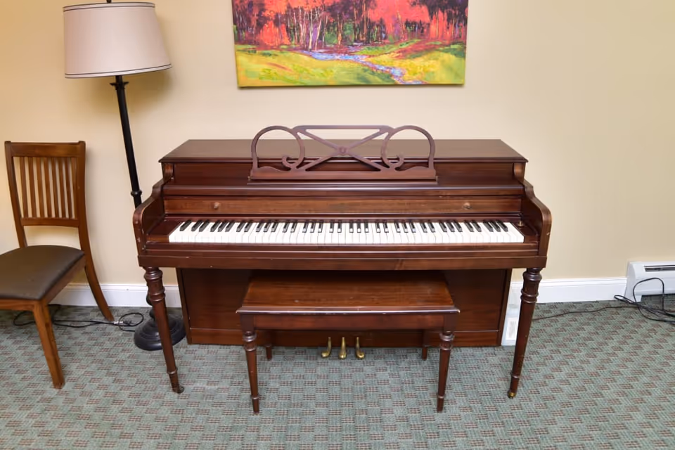 Upright wooden piano with bench in a carpeted room beside a floor lamp and chair, with a colorful painting on the wall.