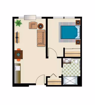 Floor plan of a small apartment unit featuring a living room with a sofa, armchair, coffee table, TV, and plant; a dining area with a table and two chairs; a kitchen area with a sink; a bedroom with a bed and two nightstands; and a bathroom with a shower, toilet, and sink.