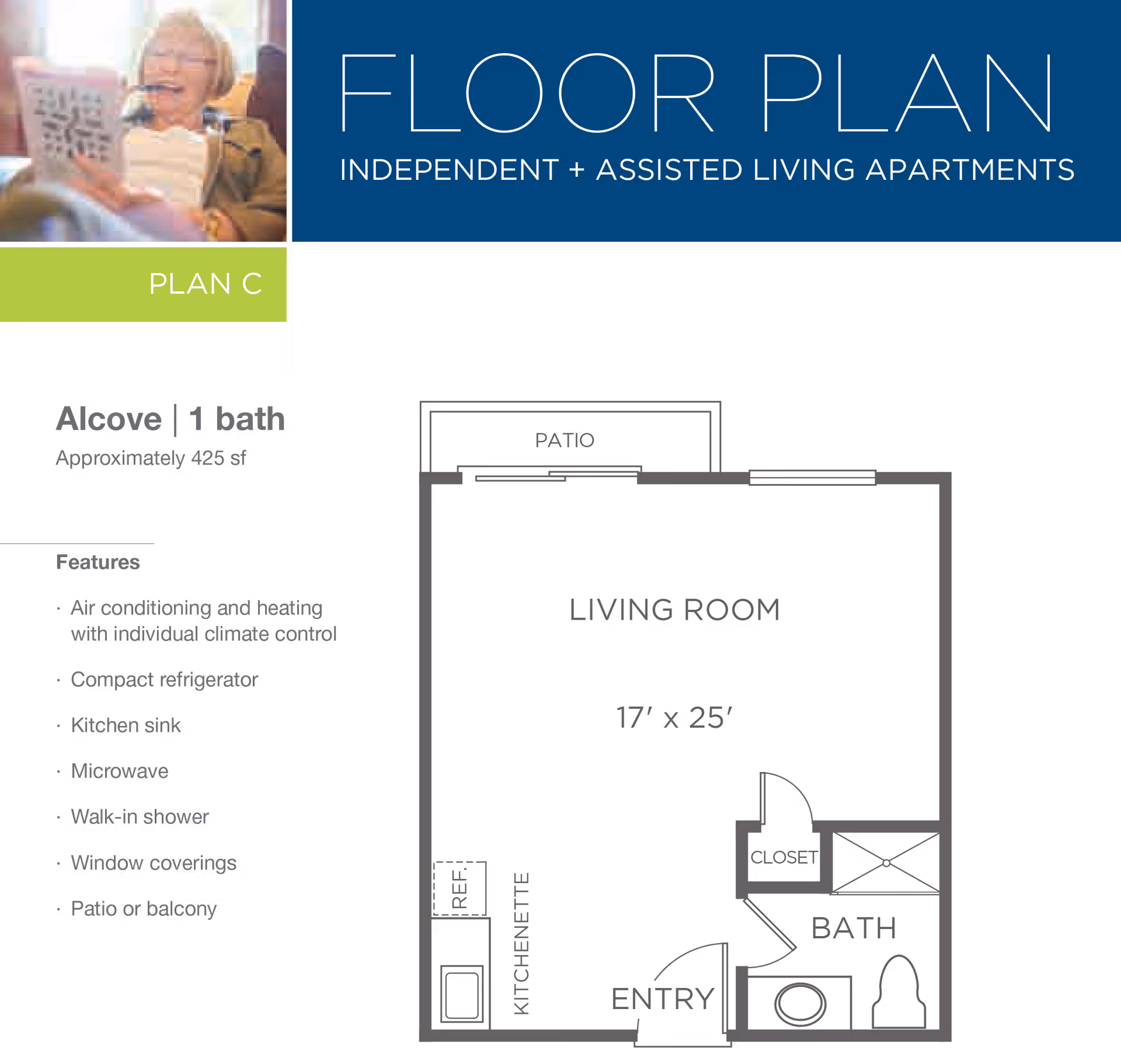 Floor plan for an independent and assisted living apartment labeled Plan C, featuring an alcove with 1 bath, approximately 425 square feet. The layout includes a living room measuring 17 by 25 feet, a kitchenette with a compact refrigerator and sink, an entry, a closet, a bathroom with a walk-in shower, and a patio or balcony. Features listed include air conditioning and heating with individual climate control, microwave, window coverings, and patio or balcony access. The top left corner shows a blurred image of an elderly woman reading.