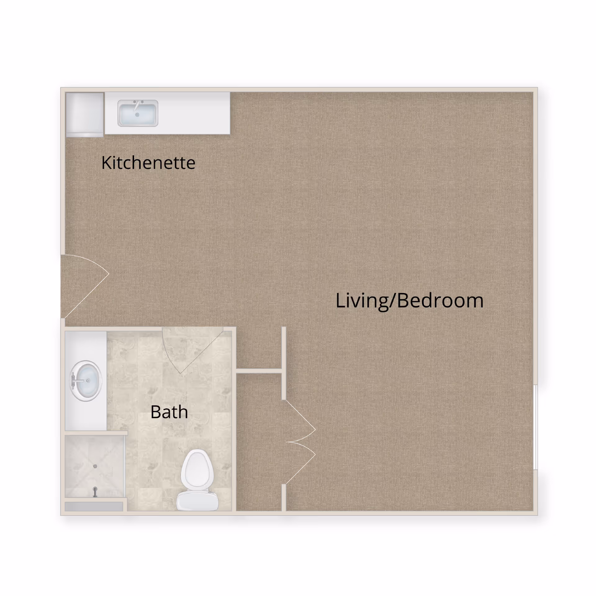 Floor plan layout of a senior living unit at Volante Senior Living of Grapevine showing a kitchenette, a combined living and bedroom area, and a bathroom with a sink, toilet, and shower.