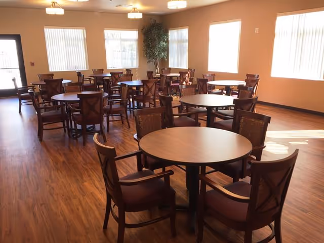 A bright dining room with multiple round wooden tables and matching chairs arranged neatly on a wooden floor. Large windows with vertical blinds allow natural light to fill the room, and a tall potted plant is placed in the corner.