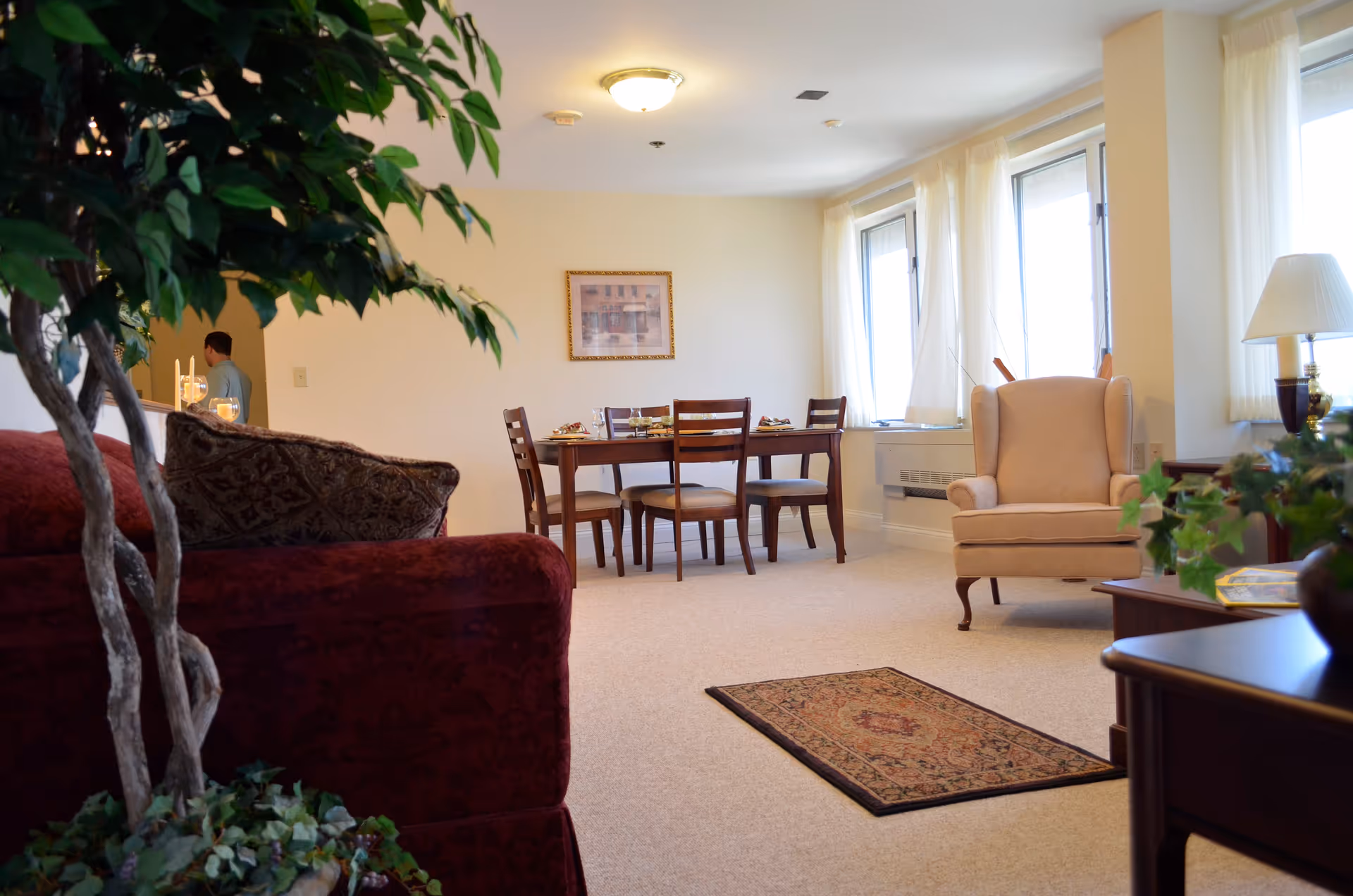 A bright and cozy living room and dining area in an independent living facility. The room features a red sofa with patterned cushions, a beige armchair, a wooden dining table with four chairs set with plates and glasses, large windows with sheer white curtains, a small decorative rug on the carpeted floor, and various plants and lamps providing a warm atmosphere.
