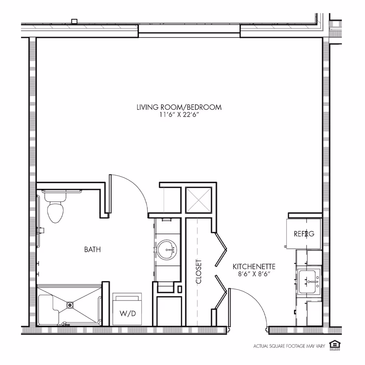 Architectural floor plan showing a studio apartment layout with a combined living room and bedroom area measuring 11 feet 6 inches by 22 feet 6 inches, a bathroom with a shower, toilet, and washer/dryer, a closet, and a kitchenette measuring 8 feet 6 inches by 8 feet 6 inches with a refrigerator and sink.