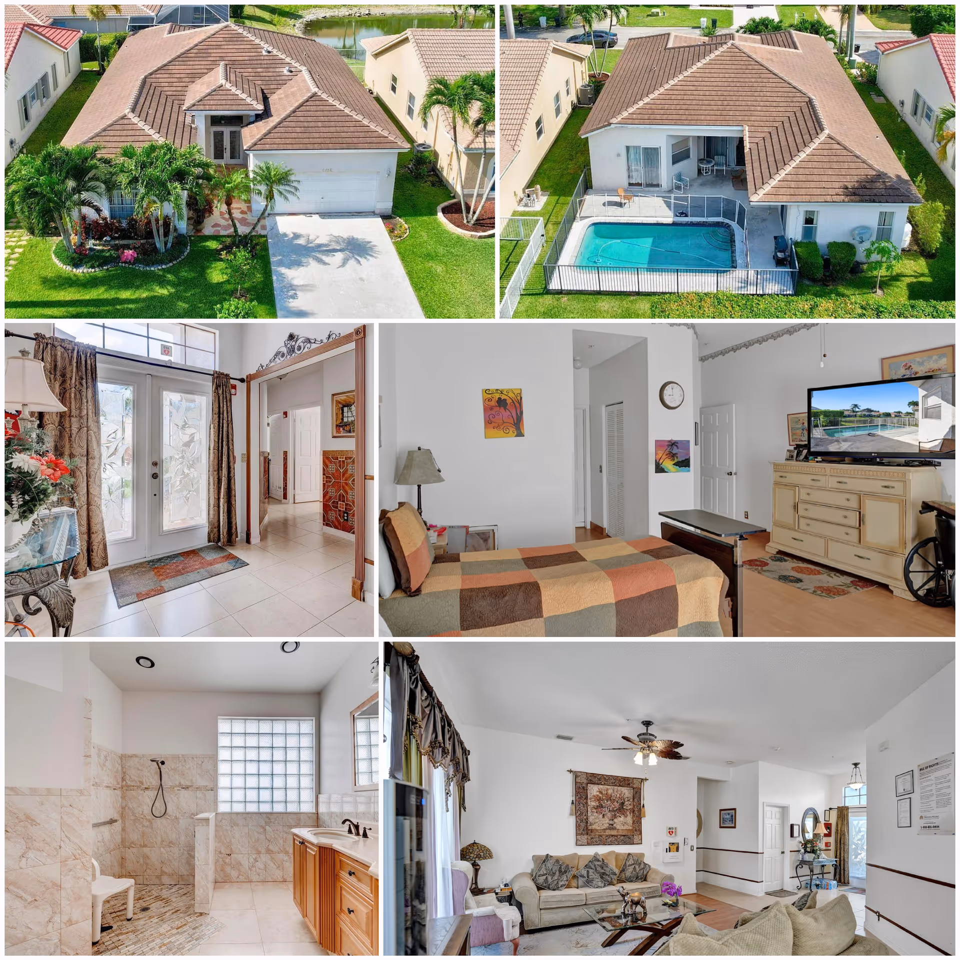 Collage showing aerial views of a single-story house with a fenced backyard pool and interior shots of an entryway, bedroom, living room and bathroom.