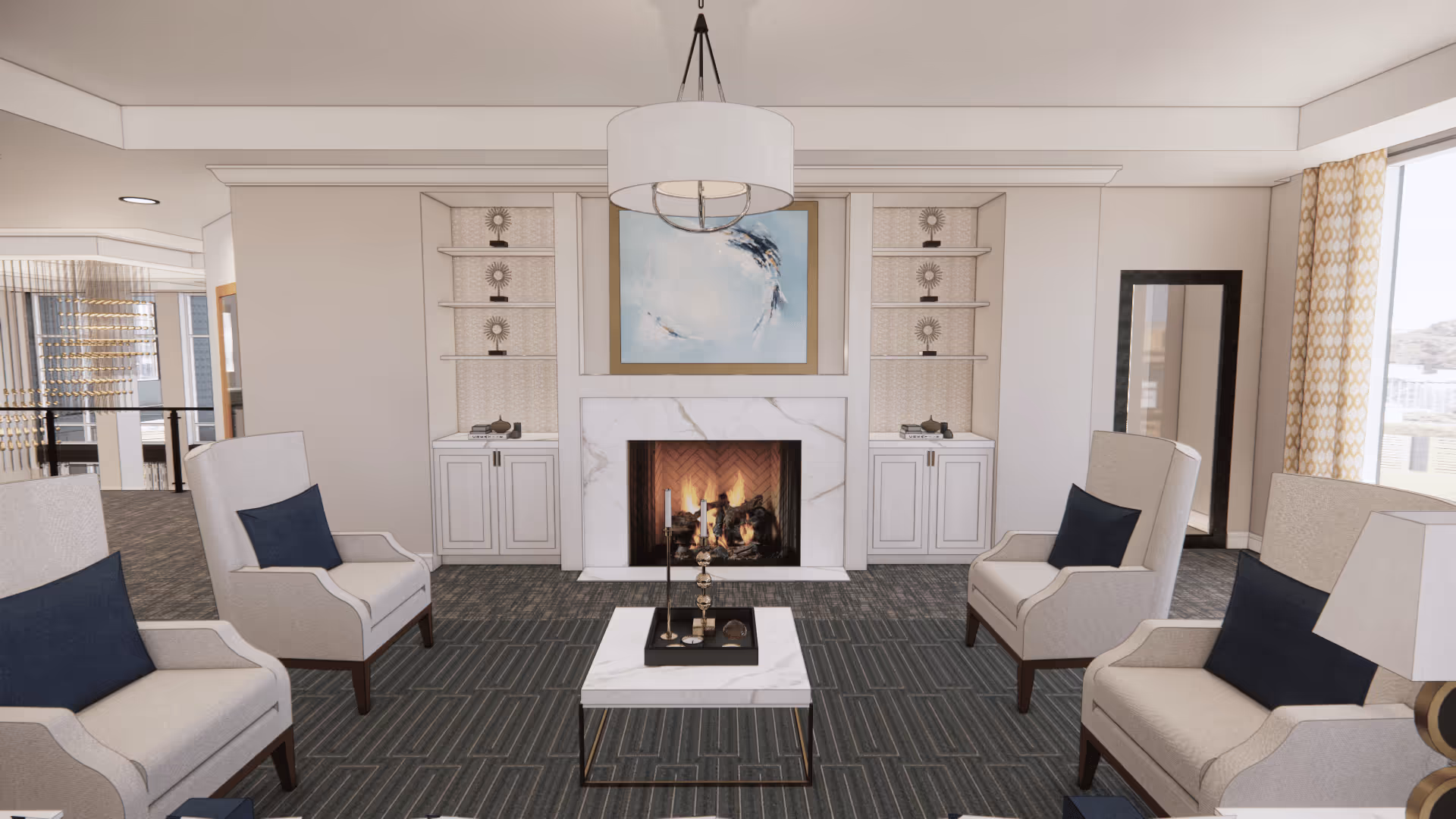 A modern living room with four beige armchairs each with a dark blue cushion, arranged around a white marble coffee table with decorative items. The room features a white marble fireplace with a fire burning inside, flanked by built-in shelves and cabinets. Above the fireplace is a large abstract painting with blue and white tones. A large window with patterned curtains allows natural light into the room, and a tall mirror stands against the wall near the window. The carpet is dark with a subtle striped pattern, and a large white ceiling light fixture hangs above the seating area.