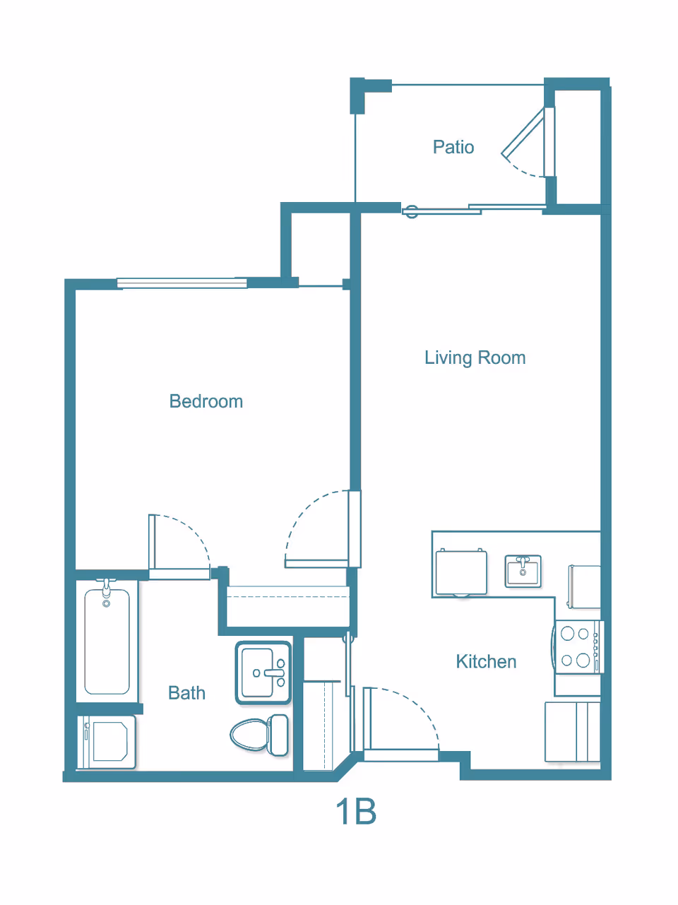 Floor plan of a one-bedroom apartment labeled 1B at Westgate Village, showing a bedroom, bath, kitchen, living room, and patio.