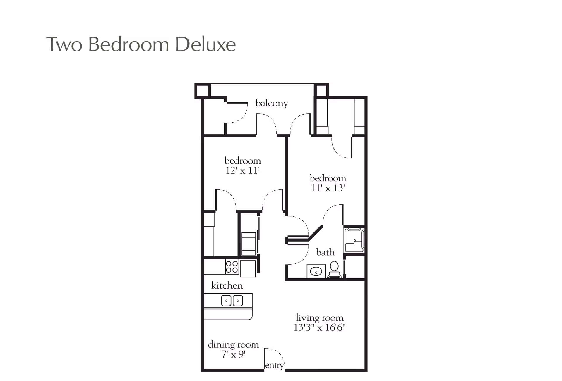 Black-and-white floor plan titled "Two Bedroom Deluxe" showing two bedrooms, a living room, kitchen, dining area, bathroom and balcony.