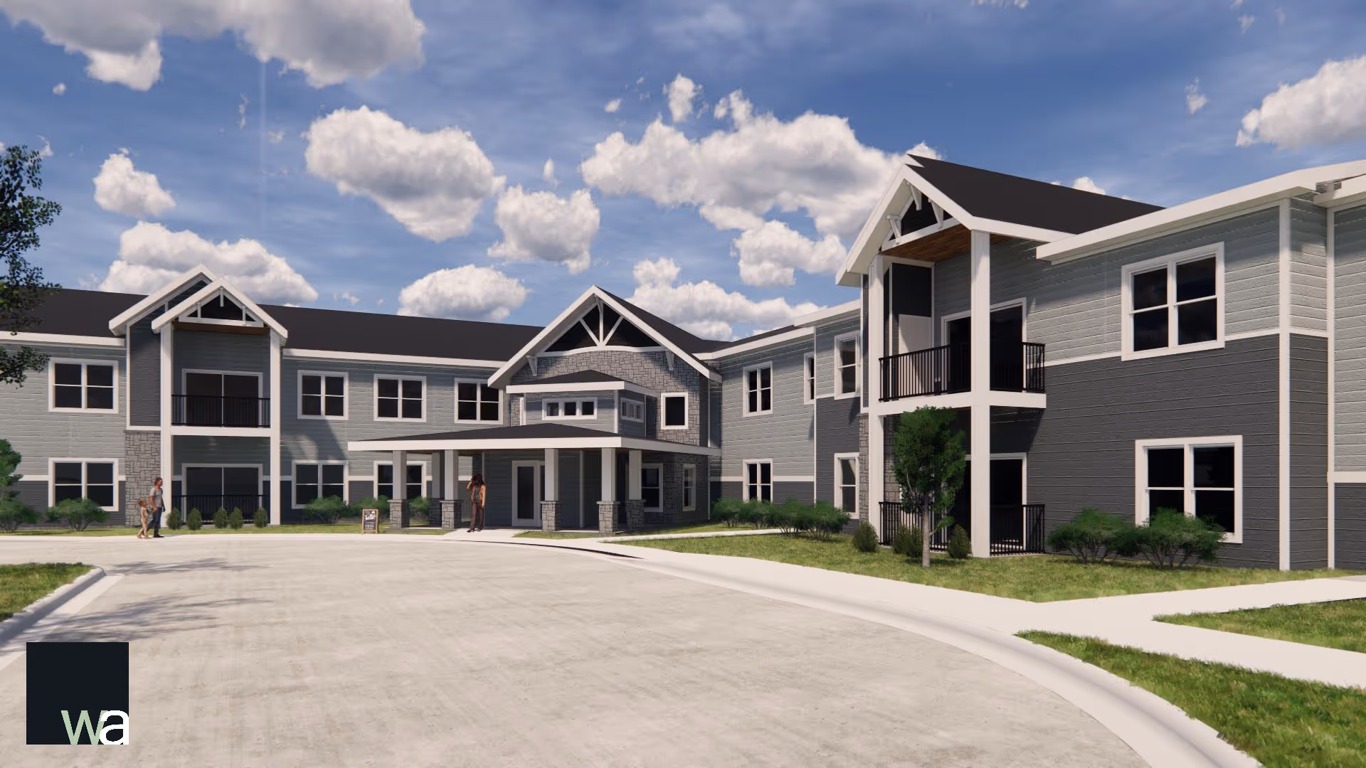 Exterior view of a modern two-story senior living facility building with gray and white siding, multiple windows, balconies, and a covered entrance. The sky is partly cloudy and there are a few people walking near the entrance.