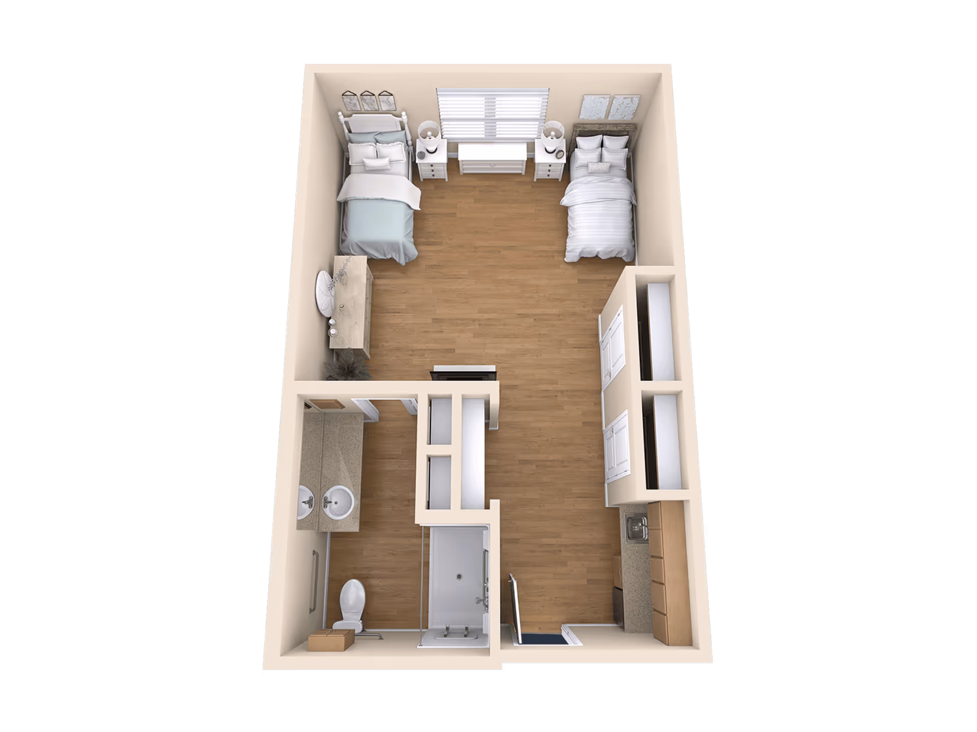 3D floor plan of a small apartment featuring two single beds with nightstands and lamps, a dresser, a kitchenette with cabinets and a sink, and a bathroom with a toilet, sink, and shower.