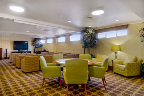A spacious living room area with patterned carpet, multiple seating arrangements including green armchairs around a round table, beige sofas, a flat-screen TV mounted on the wall, and large potted plants near the windows.