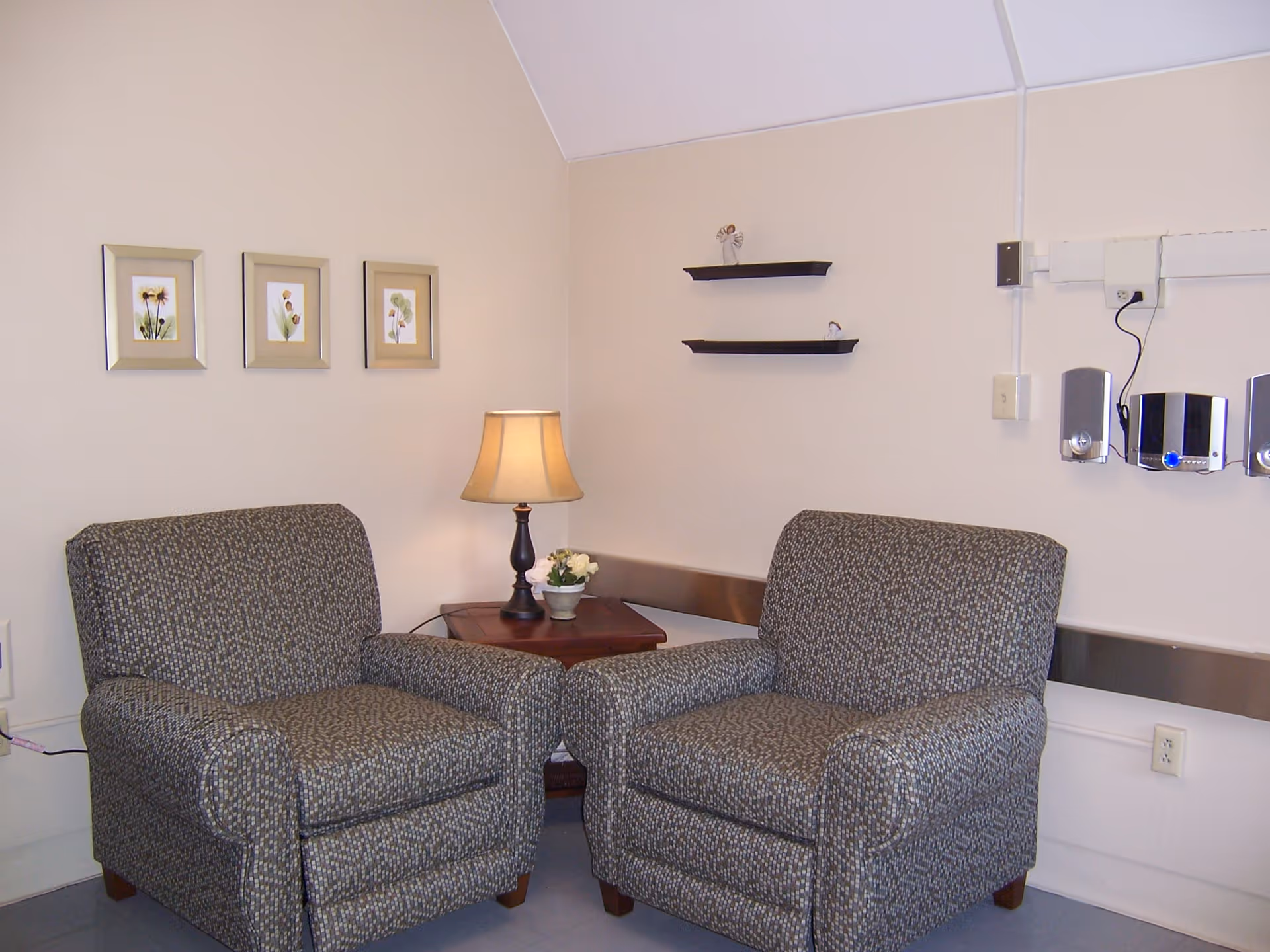A cozy corner in a room featuring two patterned armchairs facing each other with a wooden side table between them. The table holds a lamp with a beige shade and a small flower arrangement. The beige walls are decorated with three framed botanical prints and two small black floating shelves. There is a mounted audio system on the right wall and visible electrical outlets and wiring.