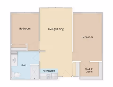 Floor plan of an assisted living unit at Ledgewood Bay Assisted Living showing two bedrooms, a living/dining area, a bathroom, a kitchenette, and a walk-in closet.