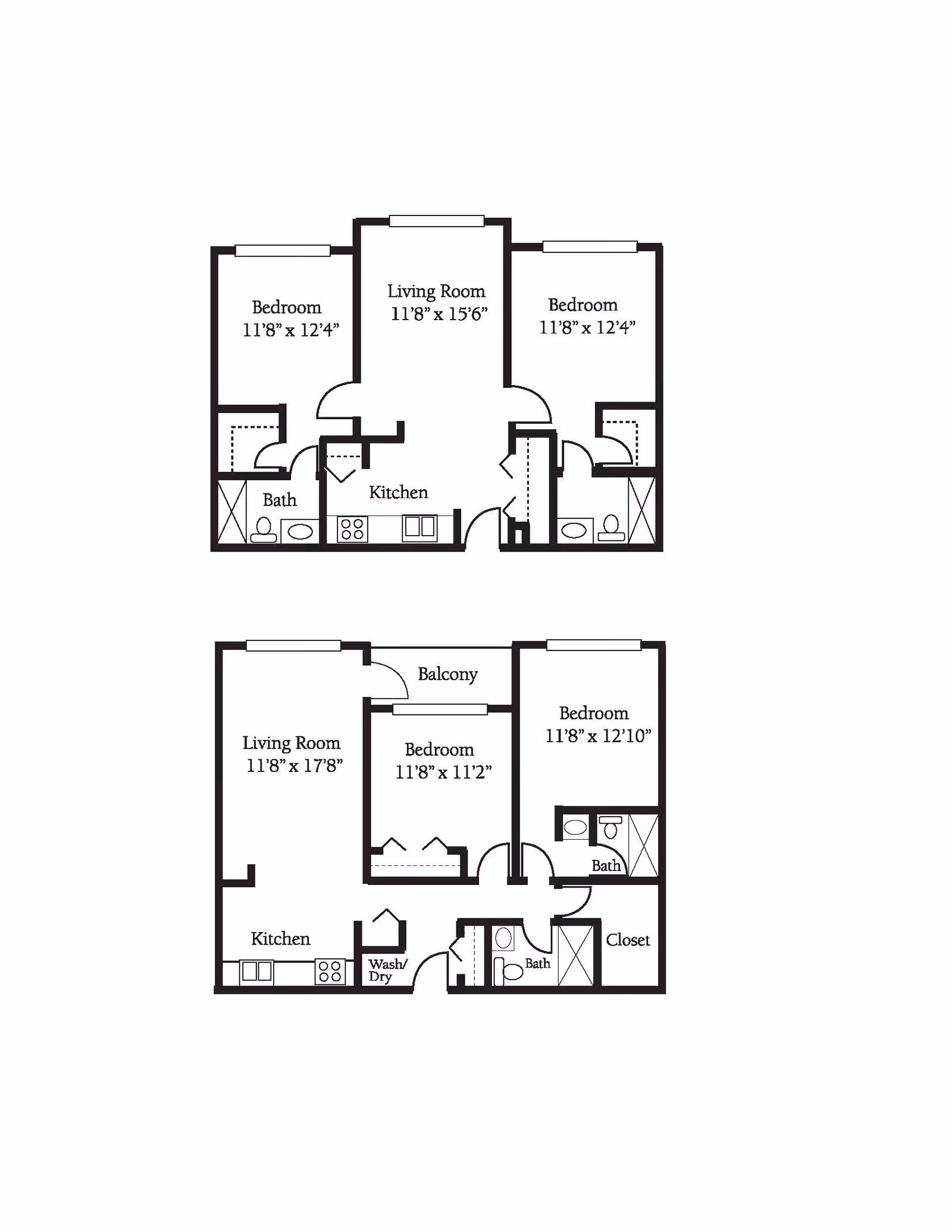 Two architectural floor plans showing layouts of apartments with labeled rooms including bedrooms, living rooms, kitchens, bathrooms, a balcony, and closets.