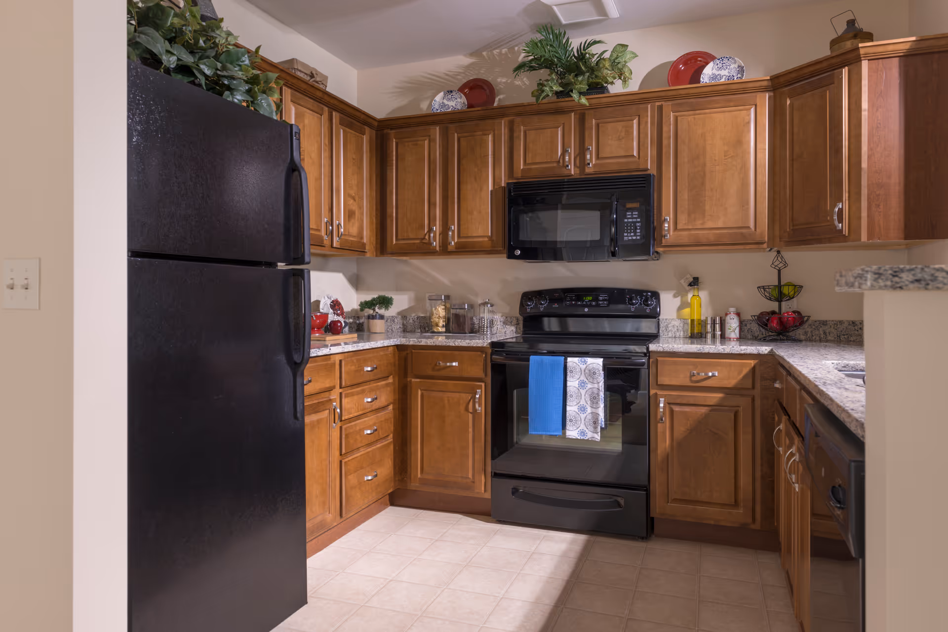 A kitchen with wooden cabinets, a black refrigerator, black microwave, and black stove. The countertops are granite with various decorative items including plants, plates, and jars. Two towels hang on the oven door.