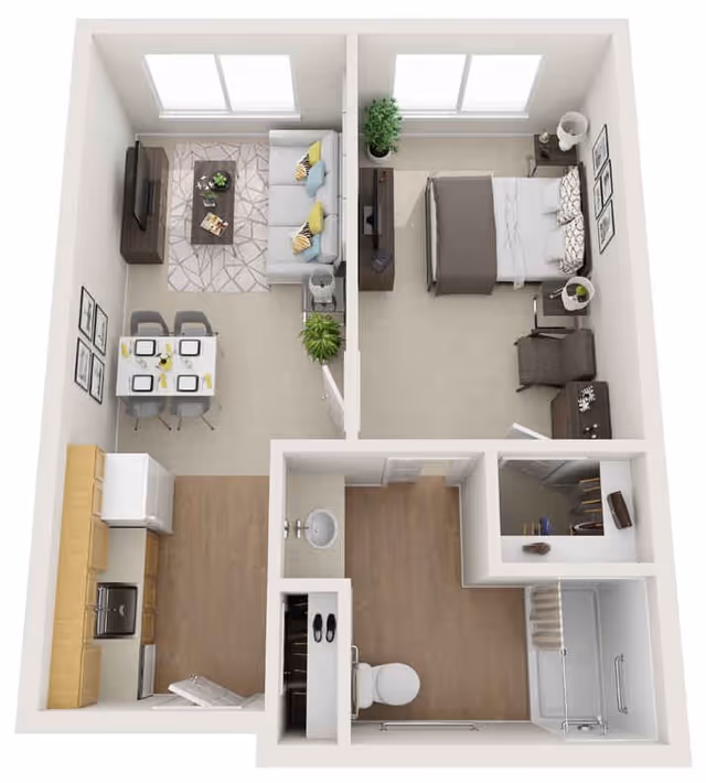 3D floor plan of a one-bedroom apartment with a living/dining area, kitchen, bathroom, and bedroom.