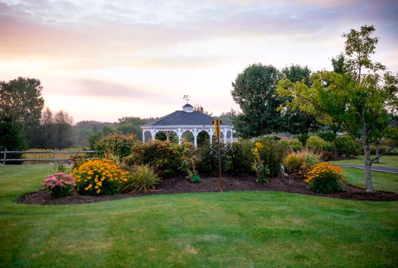 A scenic outdoor garden area with a white gazebo surrounded by various bushes and colorful flowers, green grass, and trees under a pastel-colored sky at sunset.